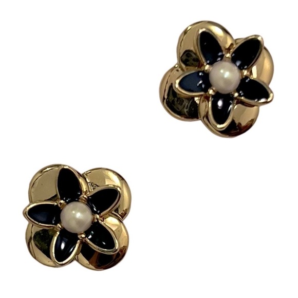 KATE SPADE • Elegant Gold & Black Floral Pearl Stud Earrings - Picture 3 of 5
